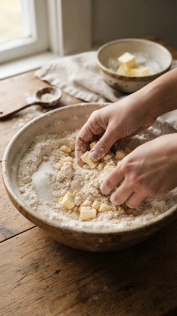 Geste de préparation de peach cobbler américain