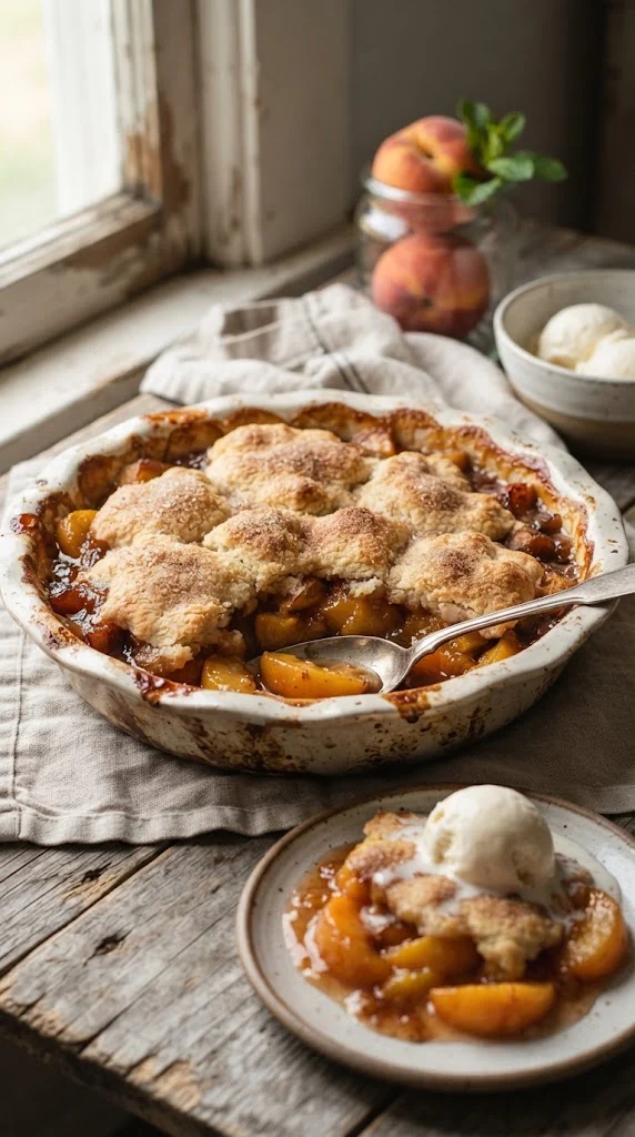 Peach cobbler américain, présentation finale fidèle à la spécialité de États-Unis