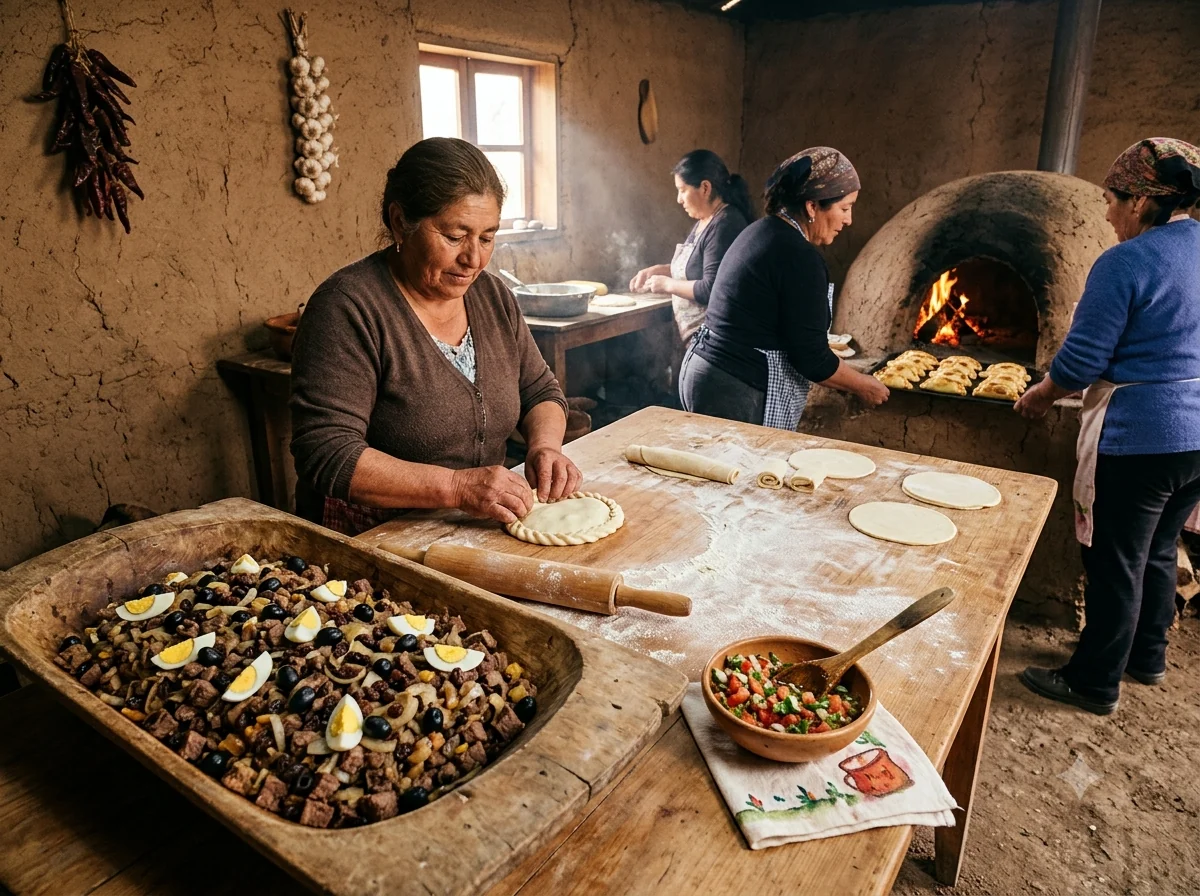 Scène culturelle évoquant empanadas de pino chiliennes et la cuisine de Chili