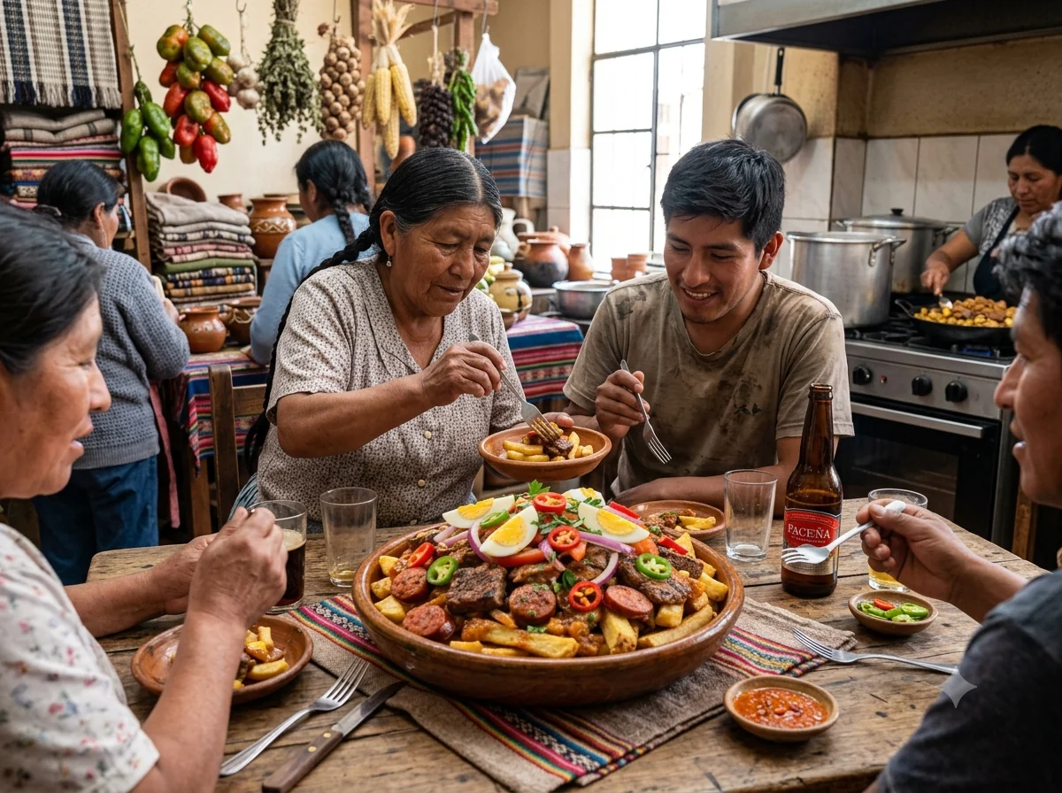 Scène culturelle évoquant pique macho bolivien et la cuisine de Bolivie