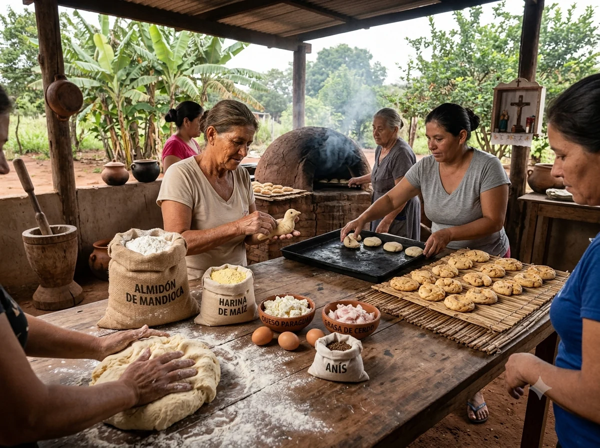 Scène culturelle évoquant chipa paraguayenne et la cuisine de Paraguay