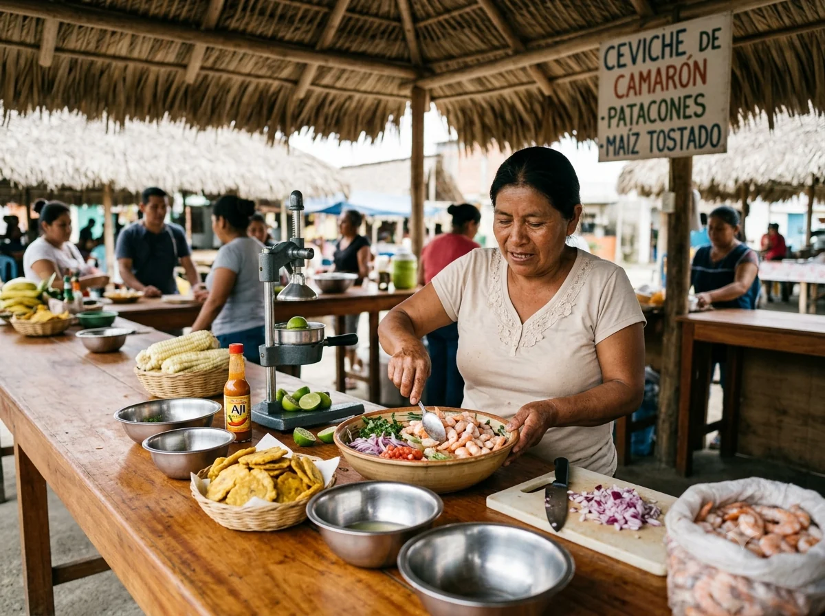 Scène culturelle évoquant ceviche de camarón équatorien et la cuisine de Équateur