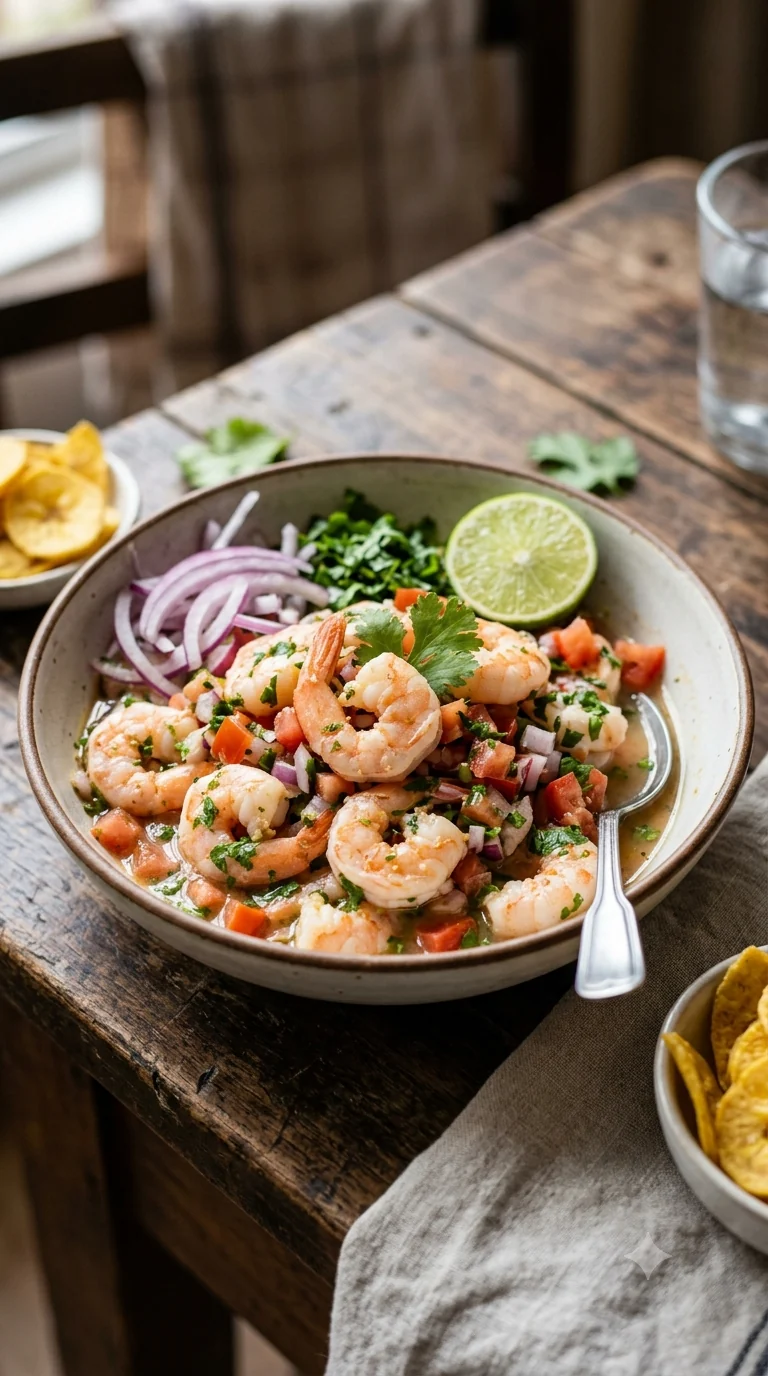 Ceviche de camarón équatorien, présentation finale fidèle à la spécialité de Équateur
