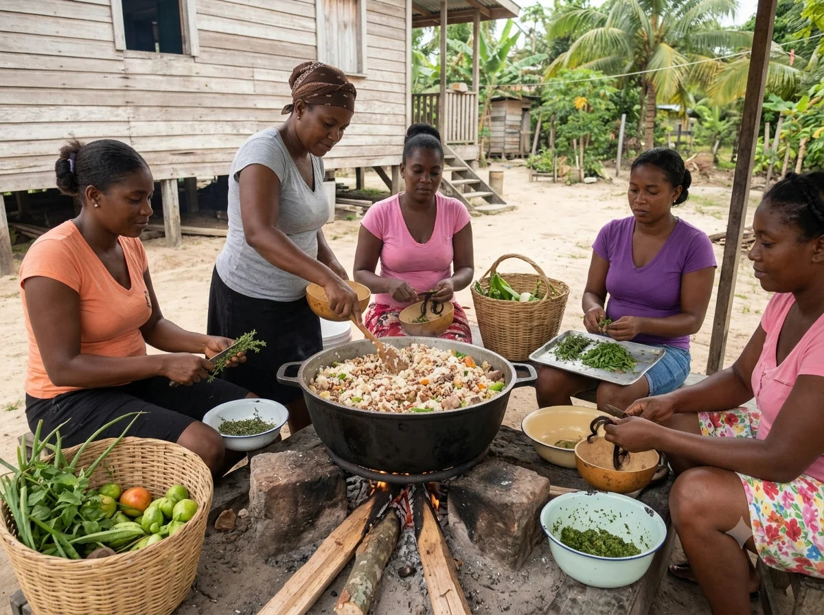 Scène culturelle évoquant cook-up rice guyanien et la cuisine de Guyana