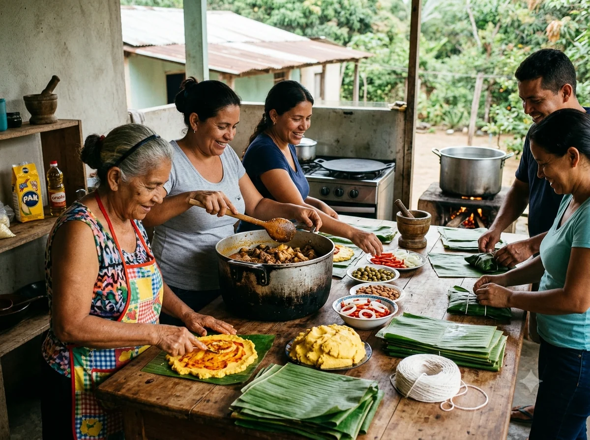Scène culturelle évoquant hallaca vénézuélienne et la cuisine de Venezuela