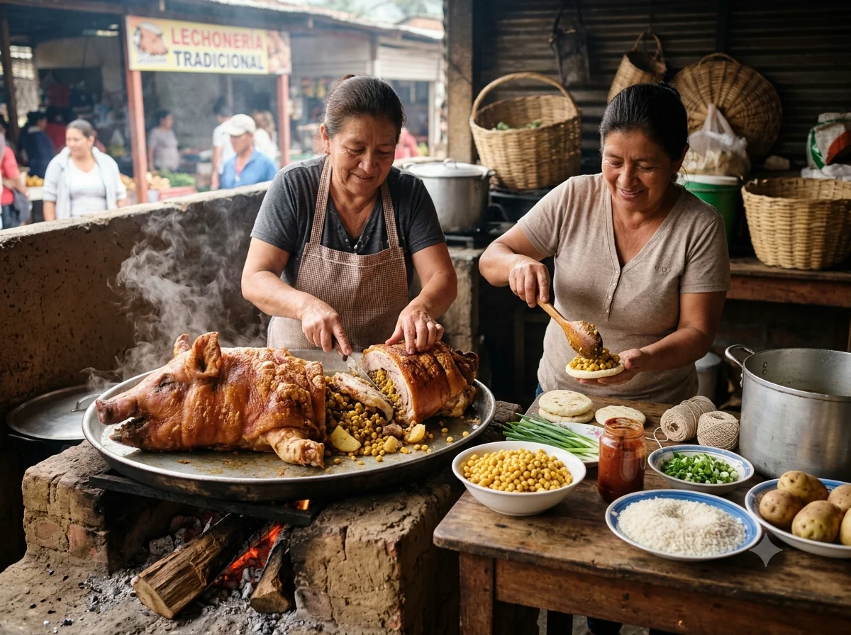 Scène culturelle évoquant lechona colombienne et la cuisine de Colombie