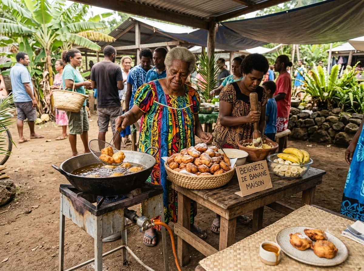 Scène culturelle évoquant beignets de banane calédoniens et la cuisine de Nouvelle-Calédonie