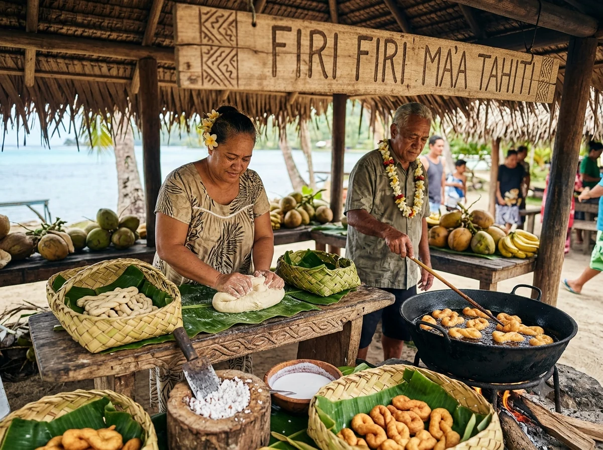 Scène culturelle évoquant firi firi polynésien et la cuisine de Polynésie française