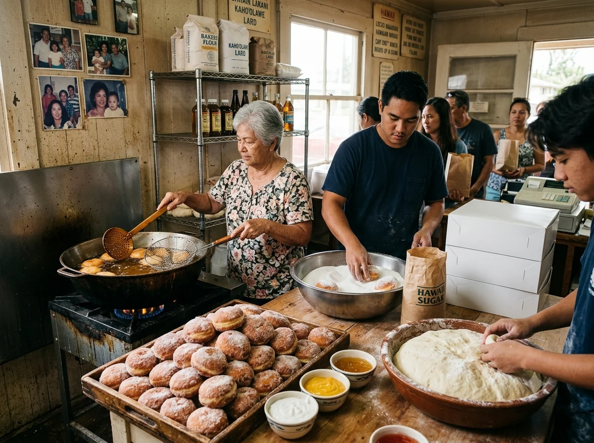 Scène culturelle évoquant malasada hawaïenne et la cuisine de Hawaï