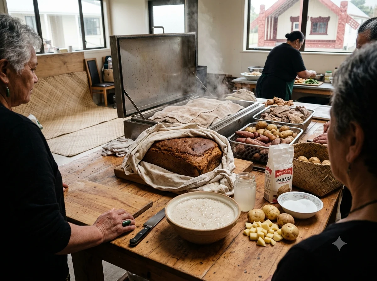 Scène culturelle évoquant rēwena bread maori et la cuisine de Nouvelle-Zélande