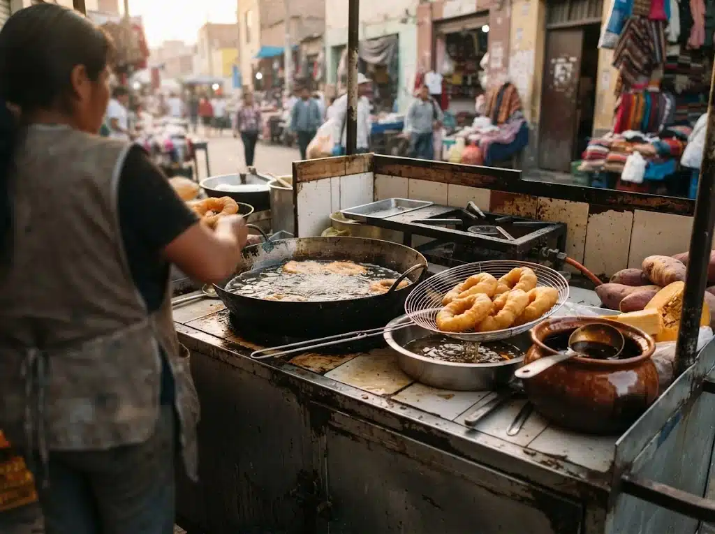 Stand de picarones au Pérou, service de beignets frits avec miel de chancaca
