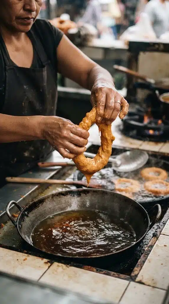 Former un anneau de pâte de picarones avec la main humidifiée avant la friture