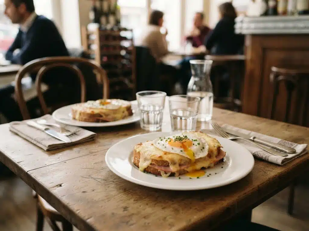 Table de bistrot française avec croque-madame servi chaud