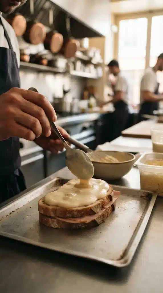 Napper le dessus du croque-madame de béchamel avant le gratinage