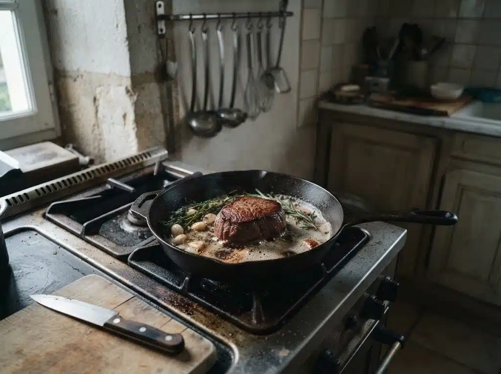 Cuisine française traditionnelle pendant la cuisson d’une pièce épaisse de filet de bœuf