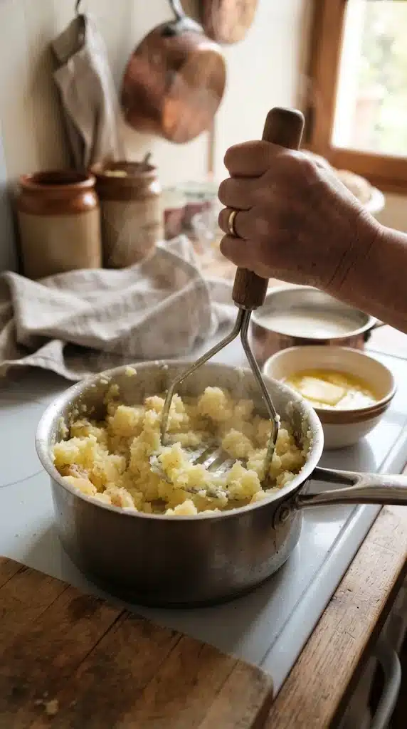Écraser les pommes de terre chaudes pour préparer une purée de hachis Parmentier