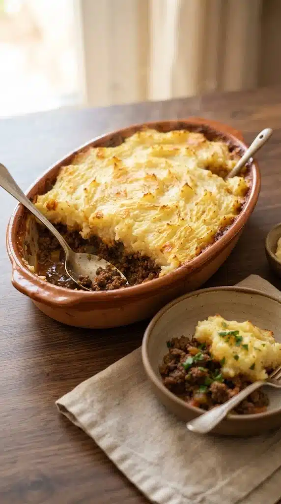 Hachis Parmentier français gratiné, portion servie montrant le bœuf et la purée