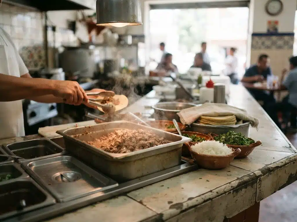 Comptoir de taquería mexicaine servant des tacos de cabeza