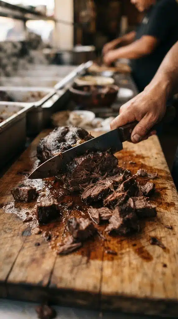 Hacher grossièrement la joue de bœuf très tendre avant de garnir les tacos