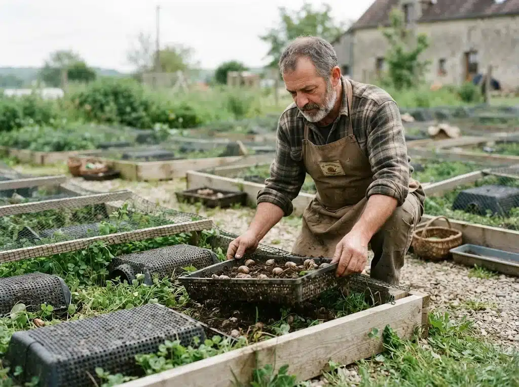 Héliciculteur français préparant des escargots dans un élevage artisanal