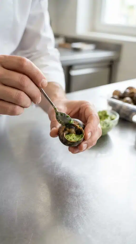 Garnir une coquille d’escargot avec le beurre persillé autour de l’escargot cuit