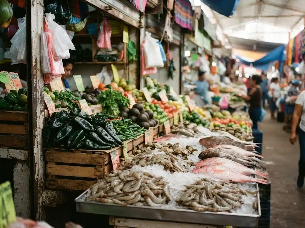 Étal de crevettes et de piments sur un marché côtier du Sinaloa