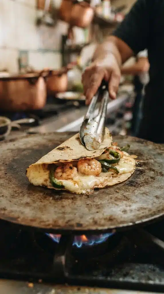 Replier un taco gobernador sur le comal pendant que le fromage fond autour des crevettes