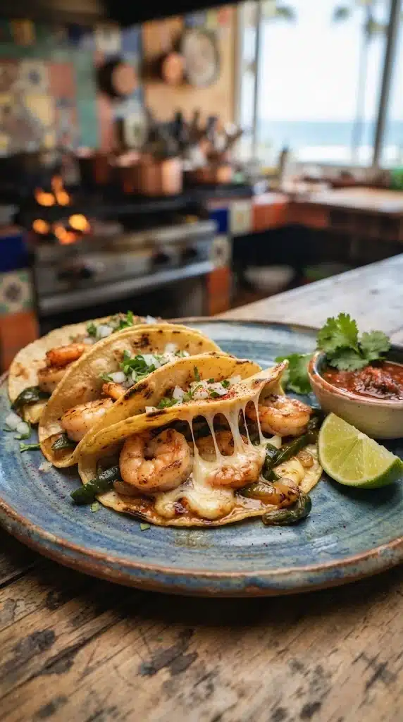 Tacos gobernador mexicains aux crevettes, chile poblano et fromage fondu