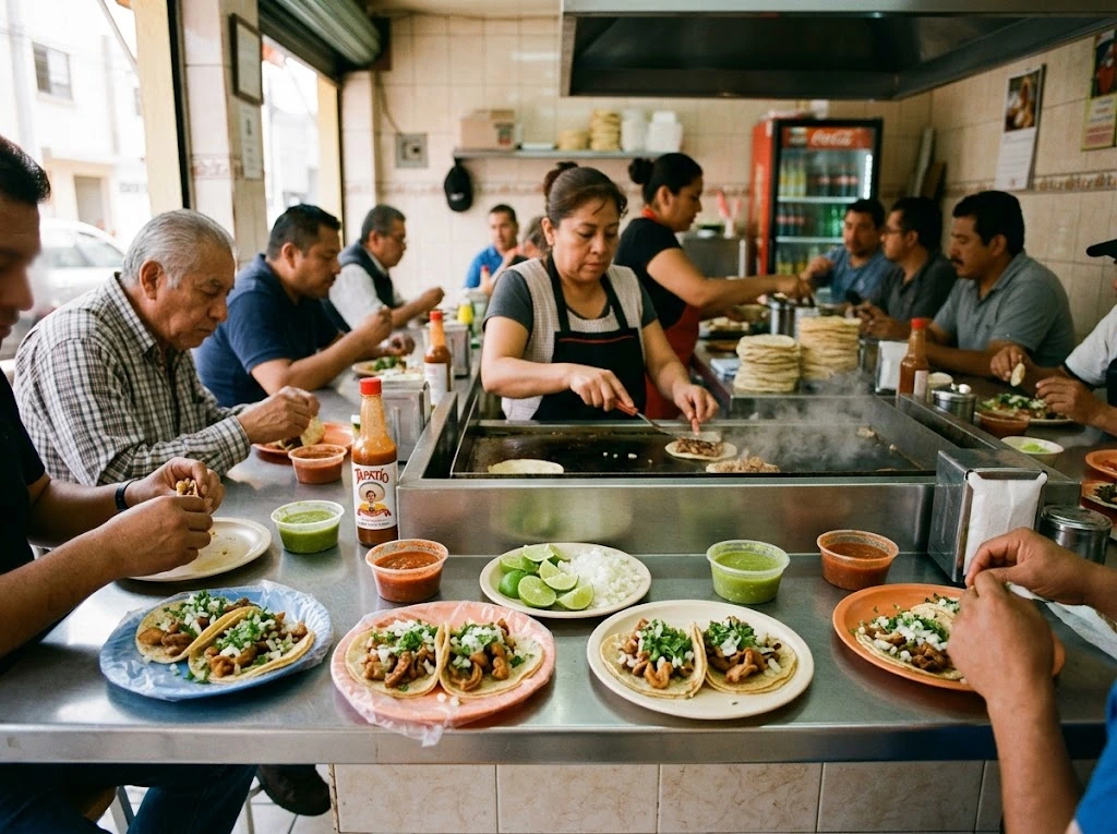 Comptoir de taquería mexicaine avec tortillas de maïs, salsa, citron vert et tacos servis à partager.