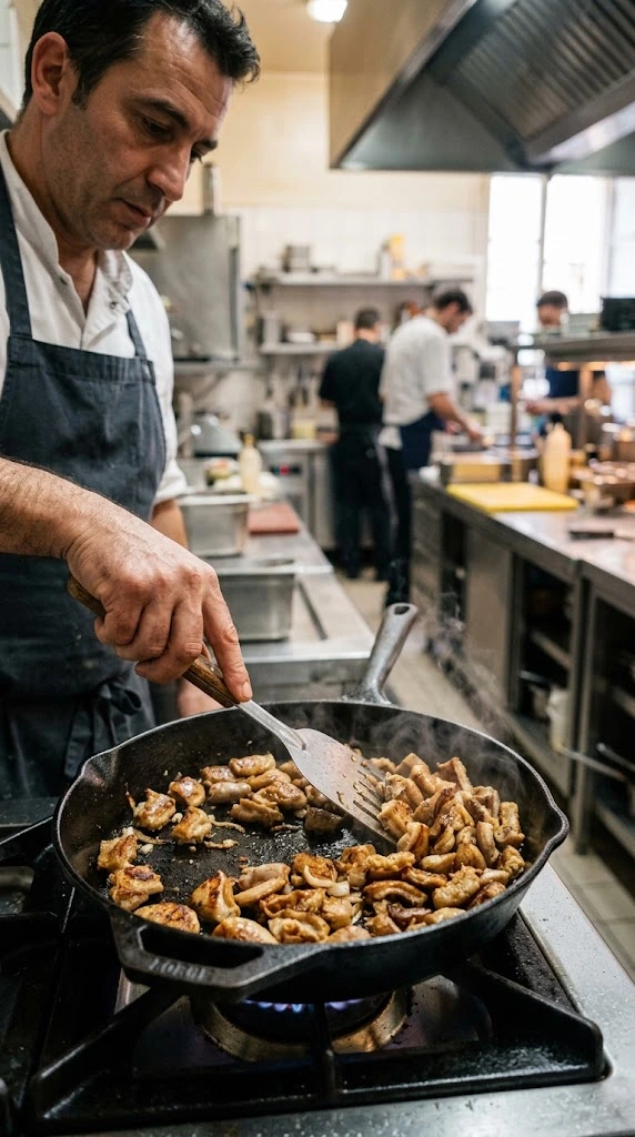 Intestins de bœuf déjà mijotés et égouttés en train de dorer dans une poêle, étape clé des tacos de tripas.