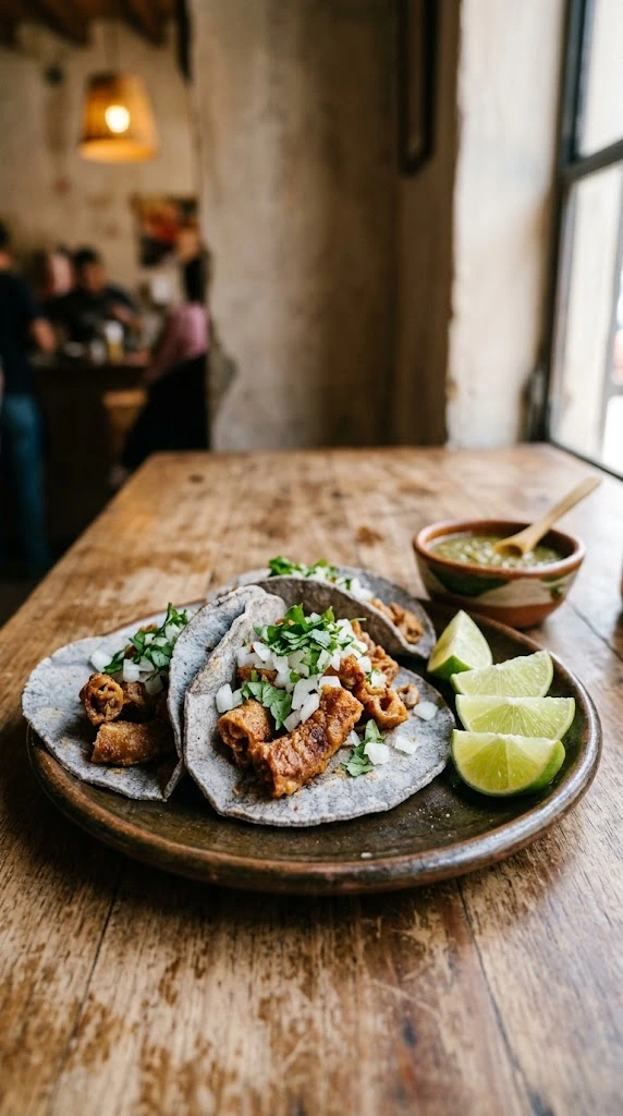 Tacos de tripas mexicains garnis d’intestins de bœuf dorés, d’oignon blanc et de coriandre dans des tortillas de maïs.