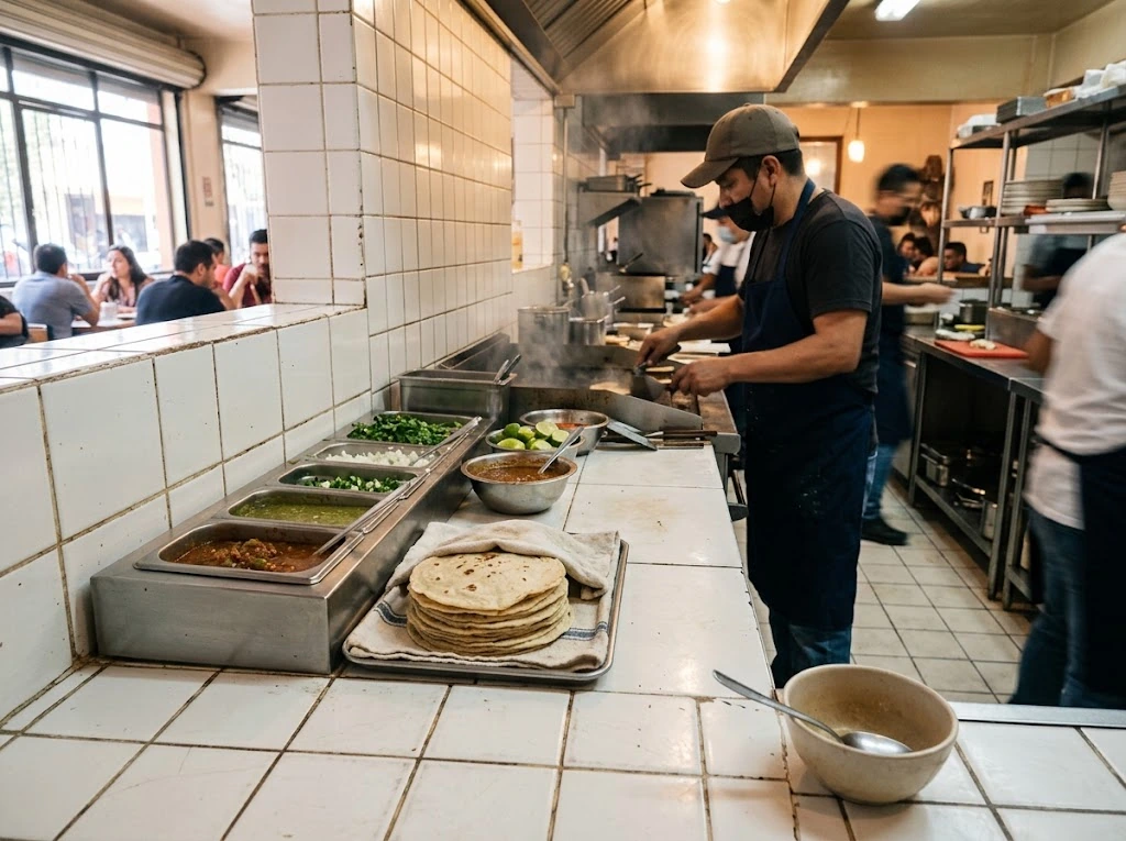 Comptoir carrelé de taquería mexicaine avec gringas, salsas et préparation à la plancha