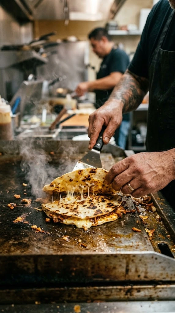Cuisinier retournant une gringa garnie de porc et de fromage sur une plancha