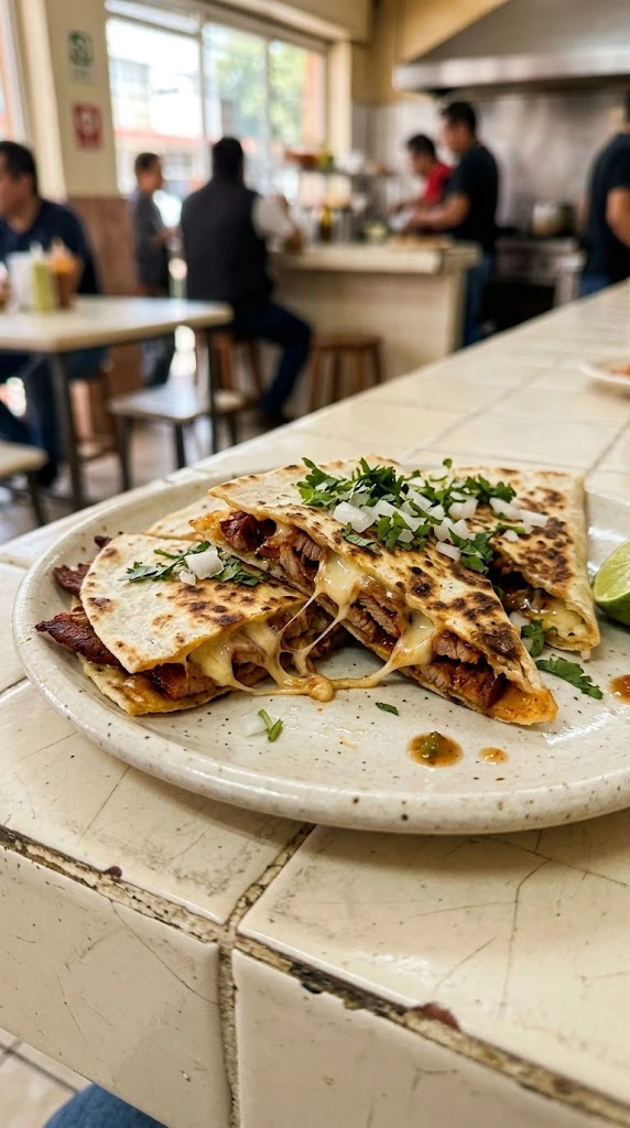 Gringas mexicaines dorées coupées en quartiers, porc al pastor et fromage fondu