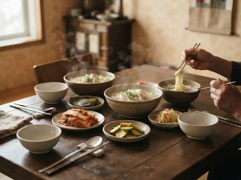 Bol de kalguksu partagé sur une table familiale coréenne avec kimchi et petits accompagnements
