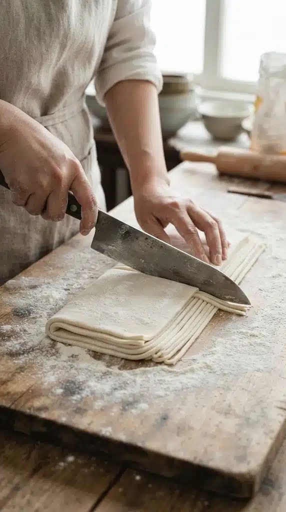 Découper au couteau la pâte étalée et repliée pour former les nouilles de kalguksu