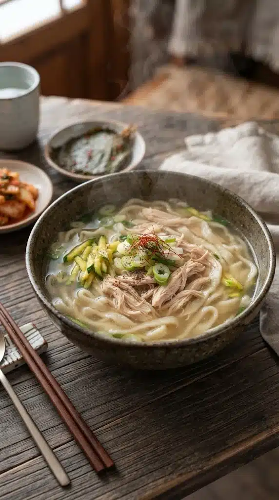 Bol de kalguksu coréen au poulet avec nouilles coupées au couteau et courgette