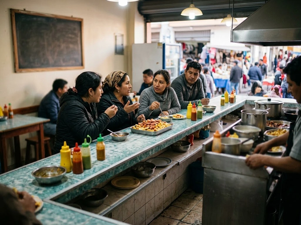 Snack péruvien populaire avec clients et salchipapas sur comptoir stratifié