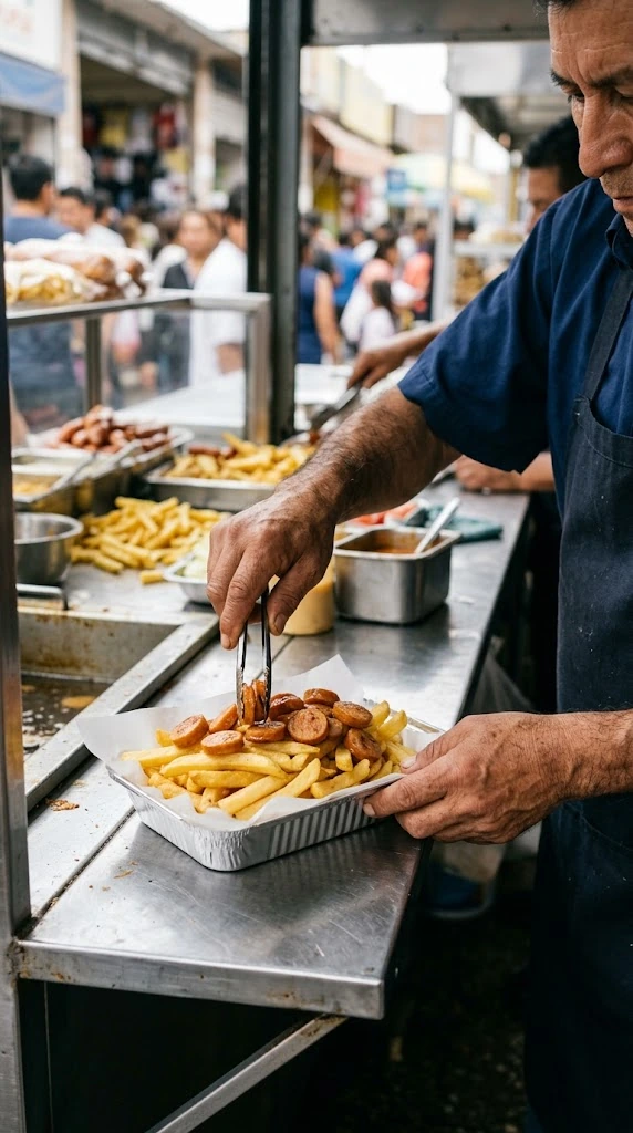 Main dressant des saucisses dorées sur des frites chaudes dans une barquette