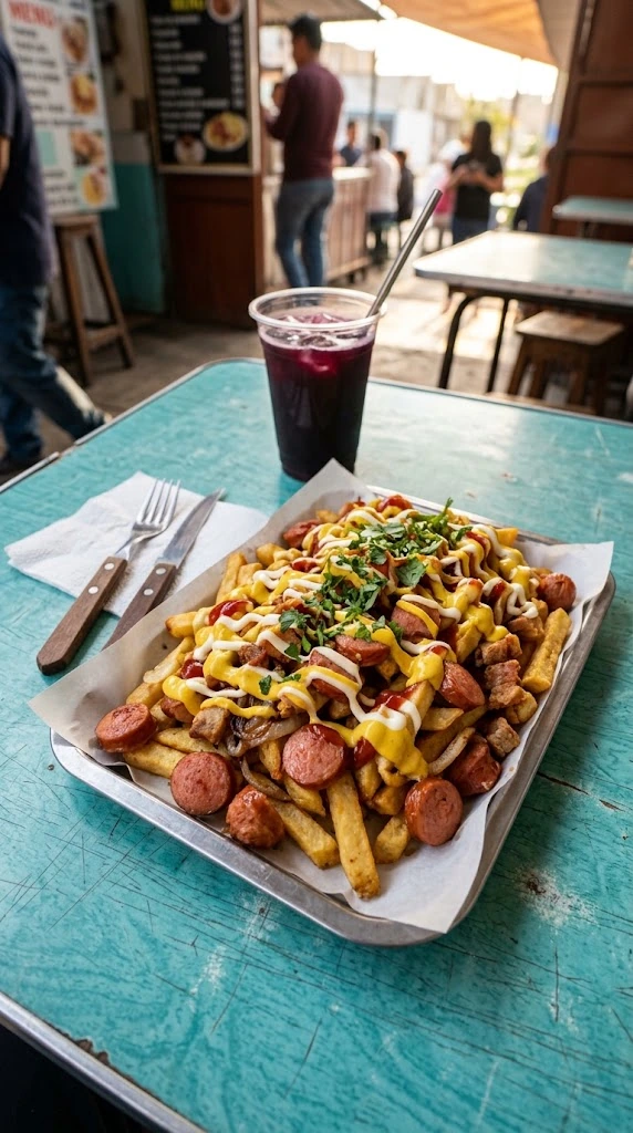 Barquette de salchipapas péruviennes sur table en Formica avec frites, saucisses et sauces