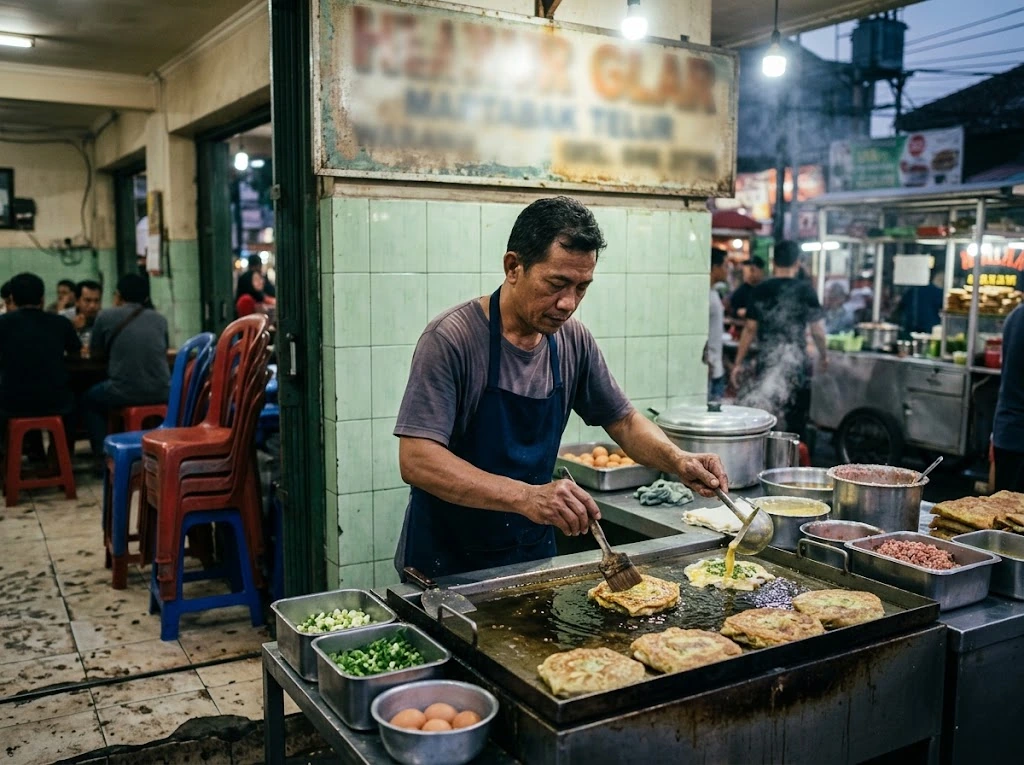 Warung indonésien avec vendeur préparant des martabak sur une plaque