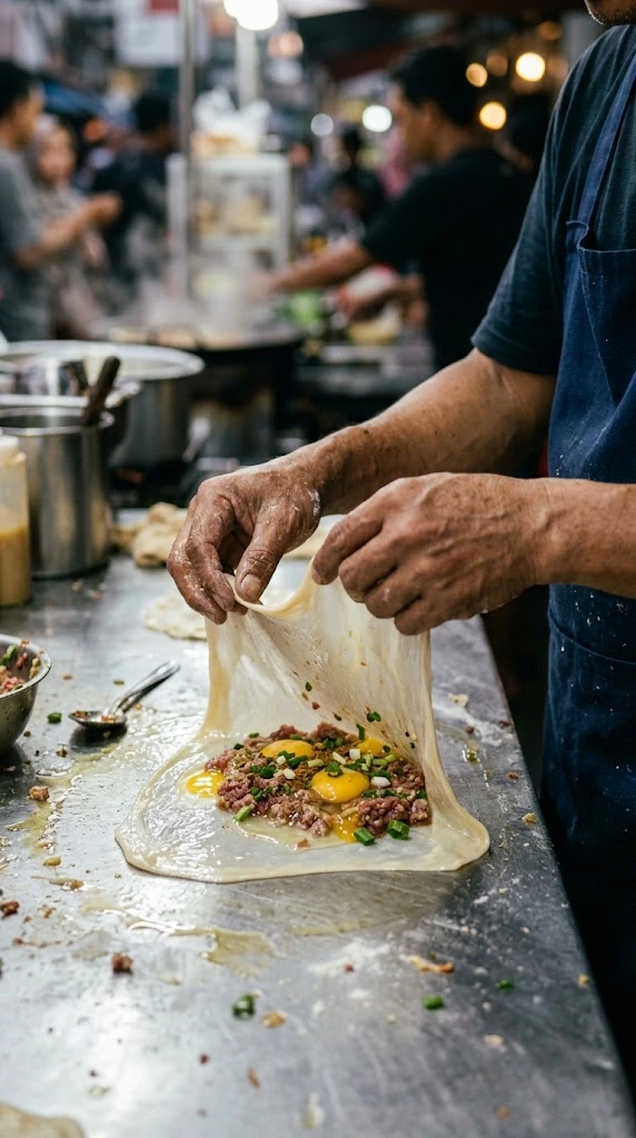 Mains étirant et repliant une pâte fine autour de la garniture de martabak
