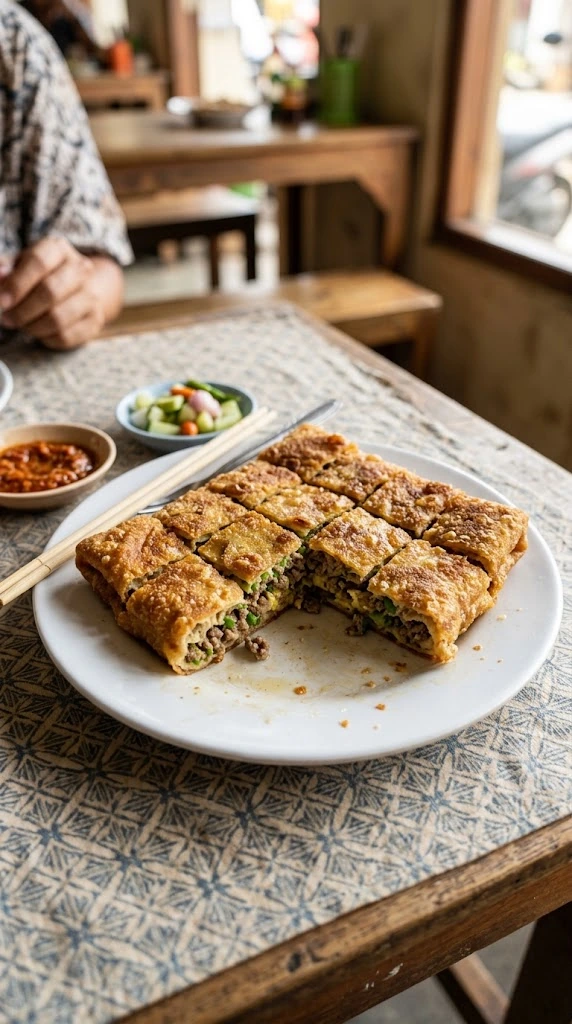 Martabak daging indonésien doré coupé en carrés sur assiette en mélamine
