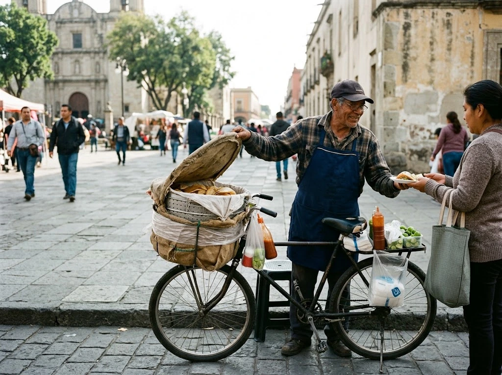 Vendeur ambulant de tacos de canasta au Mexique avec panier sur bicyclette