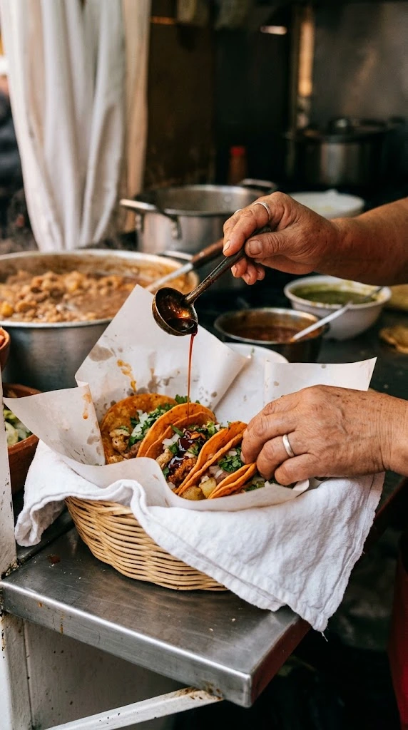 Mains empilant des tacos garnis dans un panier avec huile au guajillo