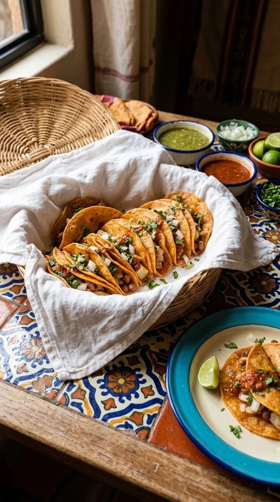 Panier ouvert de tacos de canasta mexicains souples avec tortillas orangées