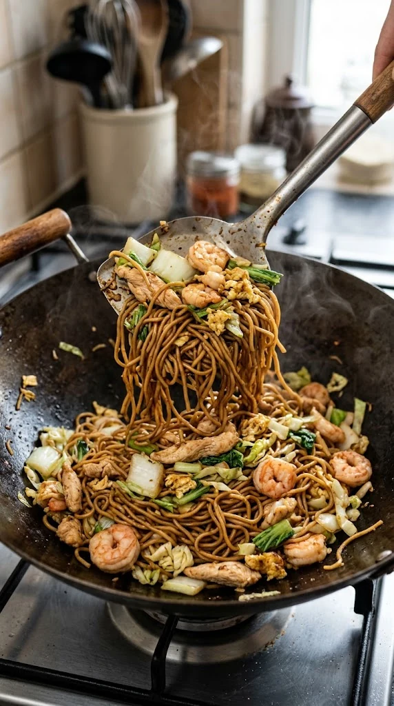 Spatule soulevant une petite fournée de mie goreng aux crevettes et au poulet dans un wok