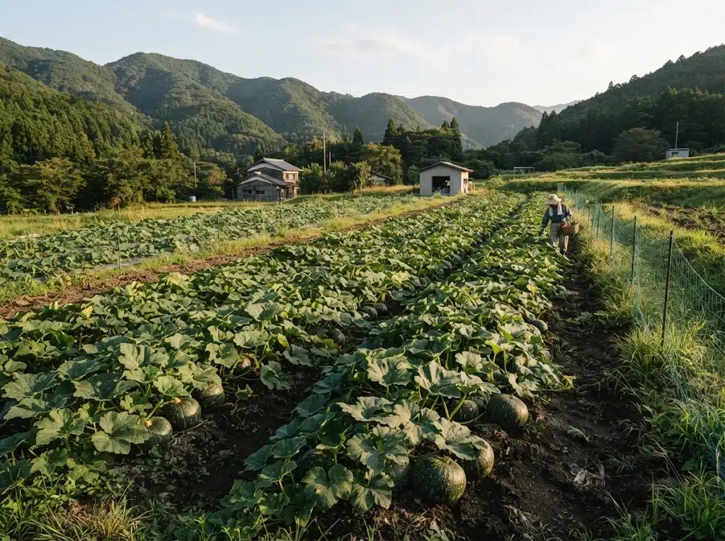 Champ de courges kabocha dans une exploitation maraîchère japonaise
