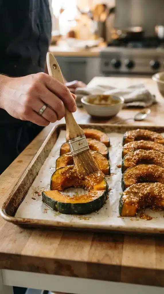 Badigeonner les tranches de kabocha précuites avec le glaçage dengaku au miso avant le gril