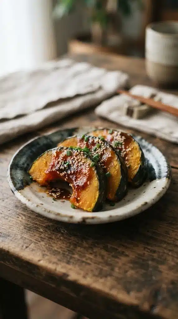 Tranches de kabocha dengaku japonaises nappées d’un glaçage miso légèrement caramélisé